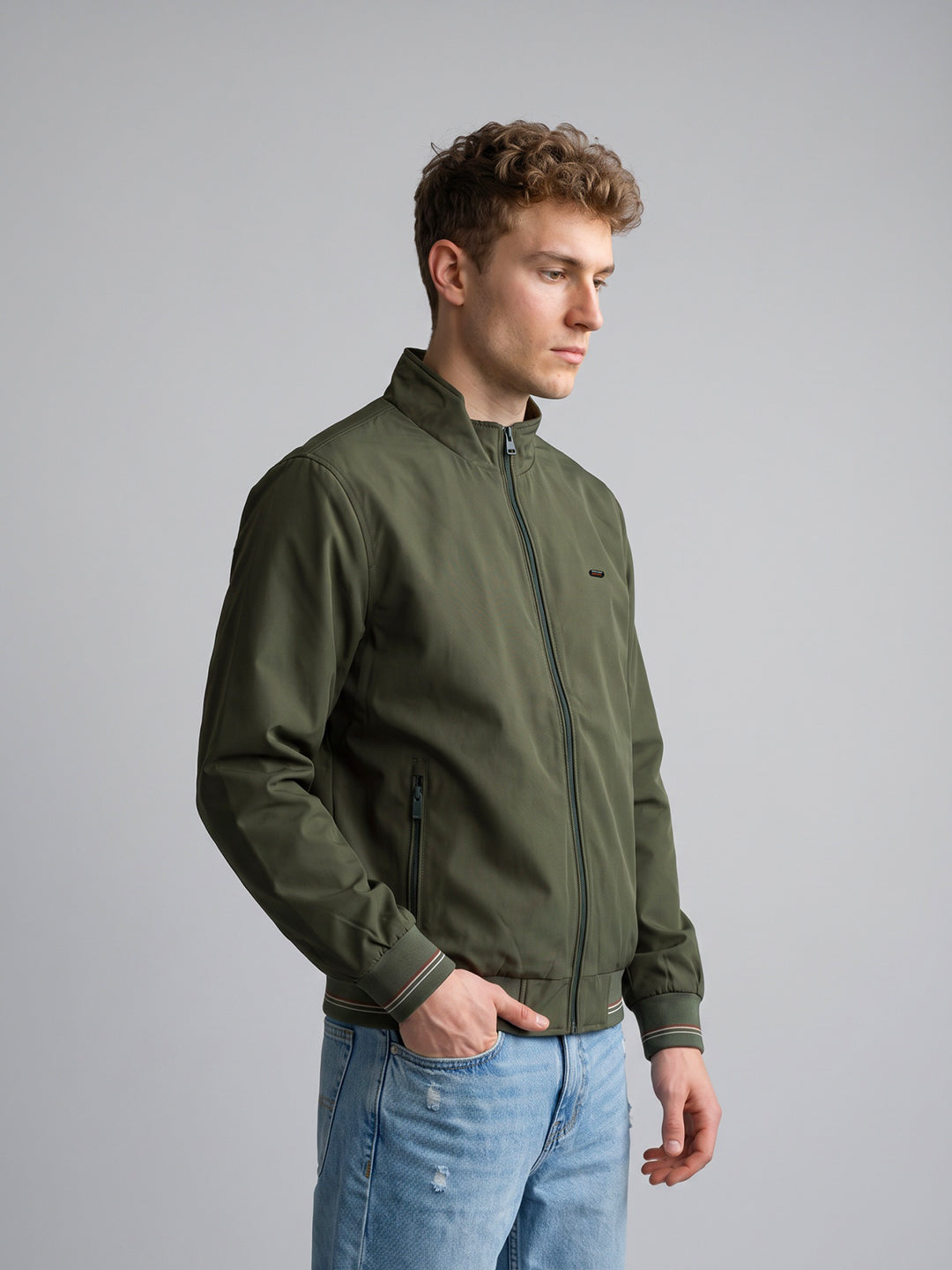 Men Olive Solid Collar Full Sleeve Bomber Jacket