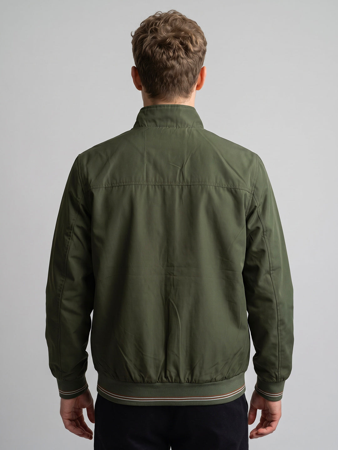 Men Olive Solid Collar Full Sleeve Bomber Jacket