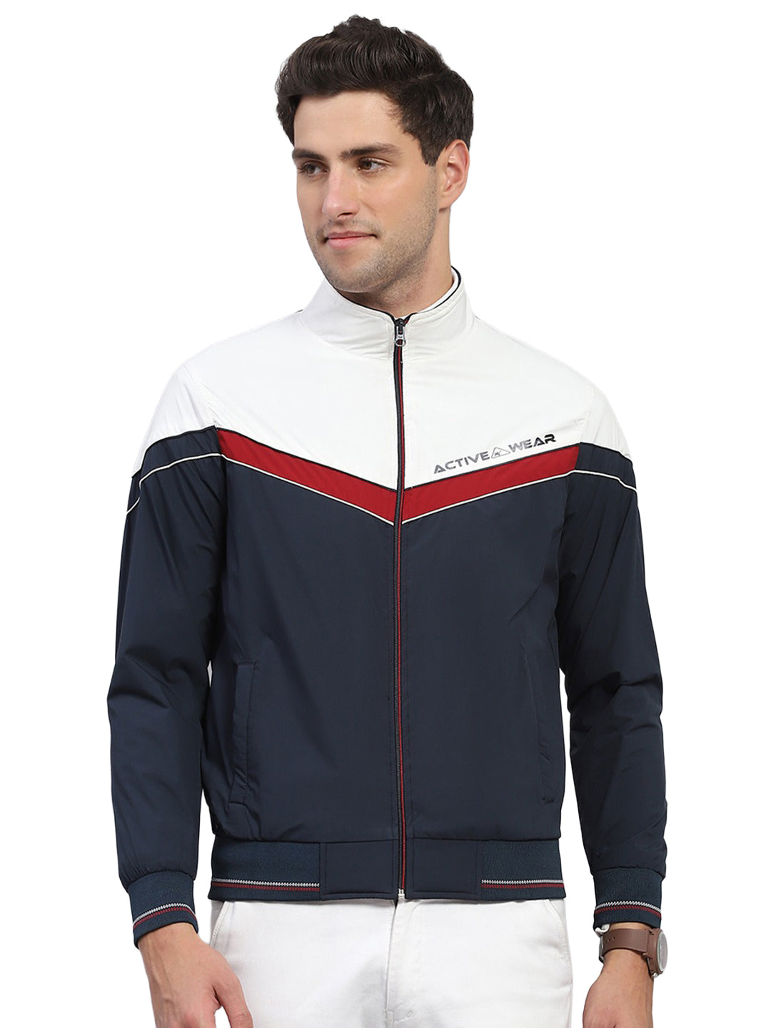 Men Navy Blue Solid Collar Full Sleeve Jacket