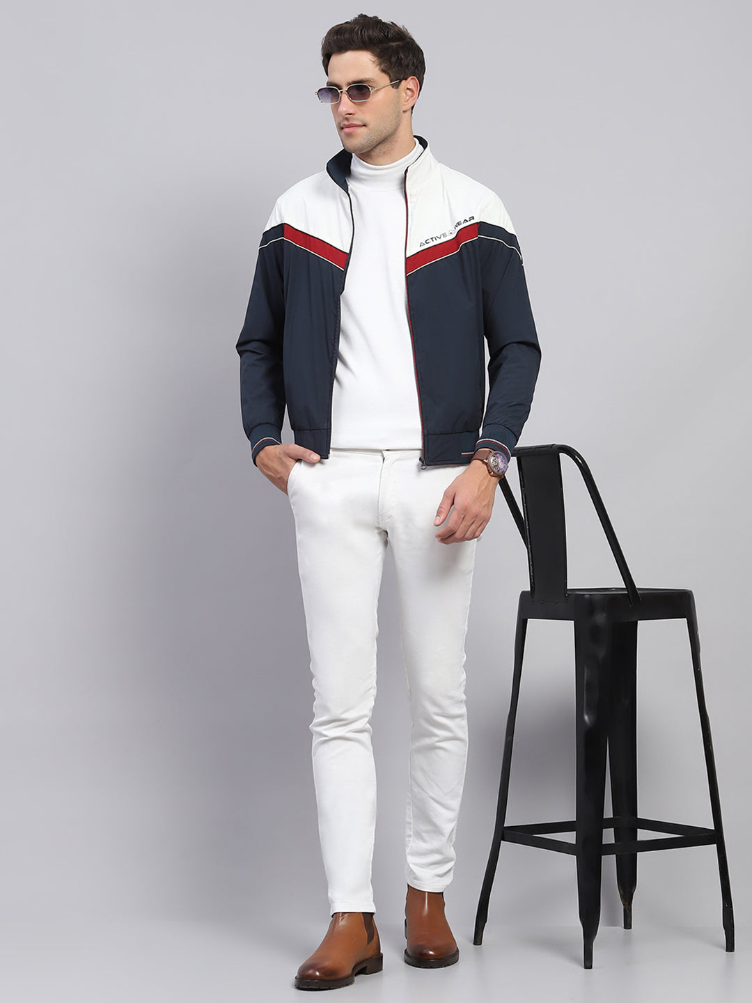 Men Navy Blue Solid Collar Full Sleeve Jacket