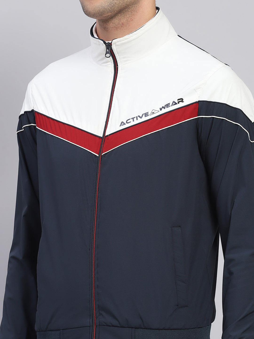 Men Navy Blue Solid Collar Full Sleeve Jacket