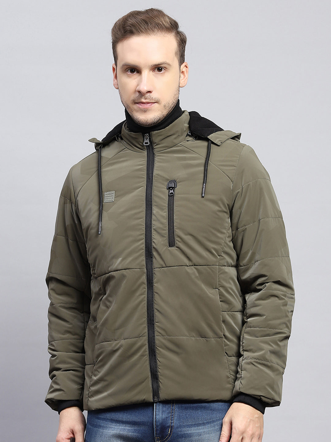 Men Olive Solid Detachable Hood Full Sleeve Jacket