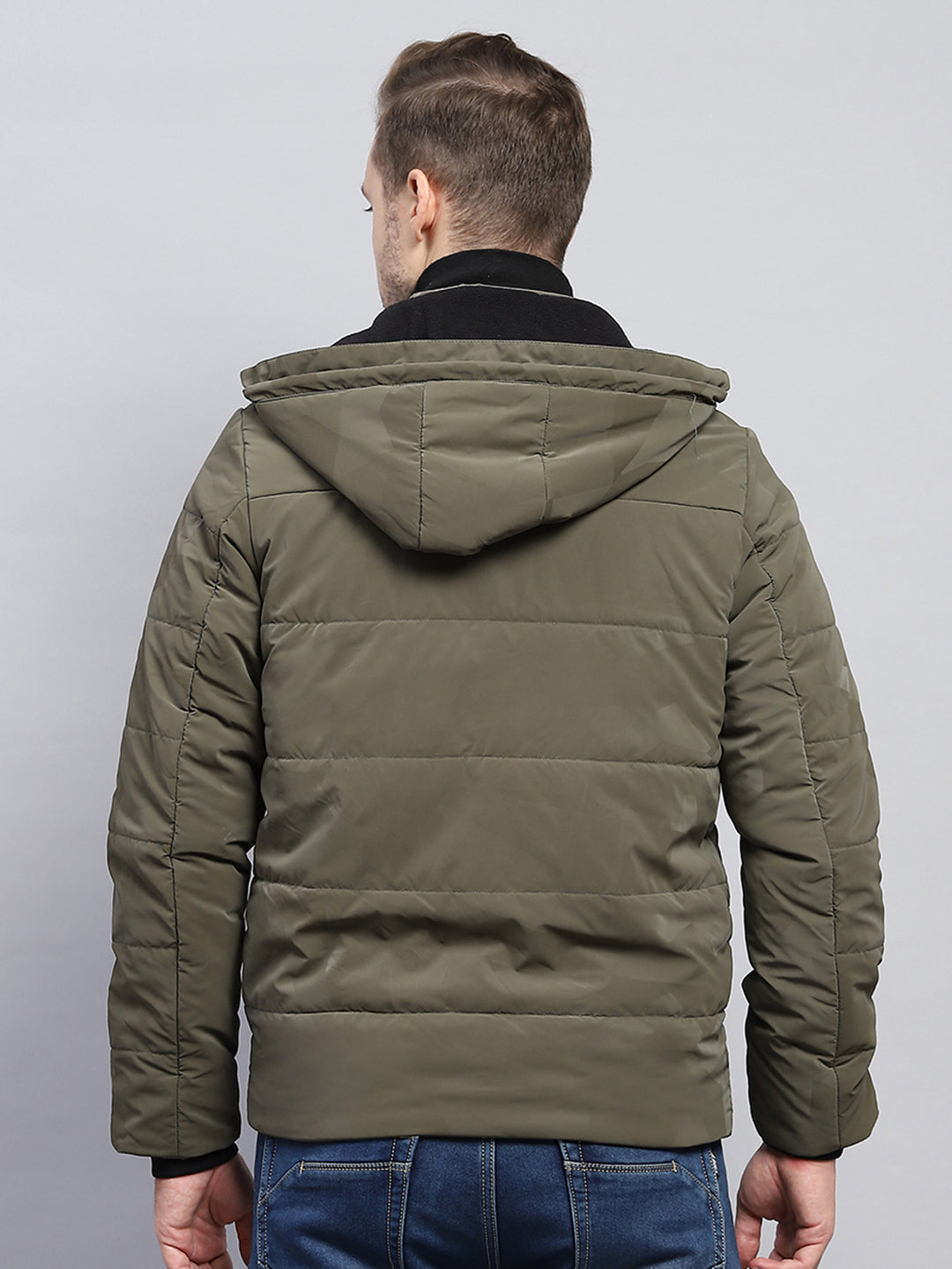 Men Olive Solid Detachable Hood Full Sleeve Jacket