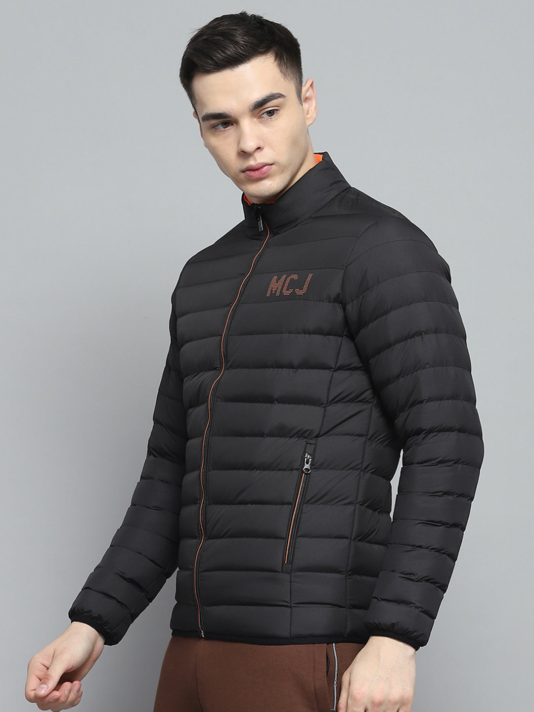Men Black Solid Mock Neck Full Sleeve Jacket