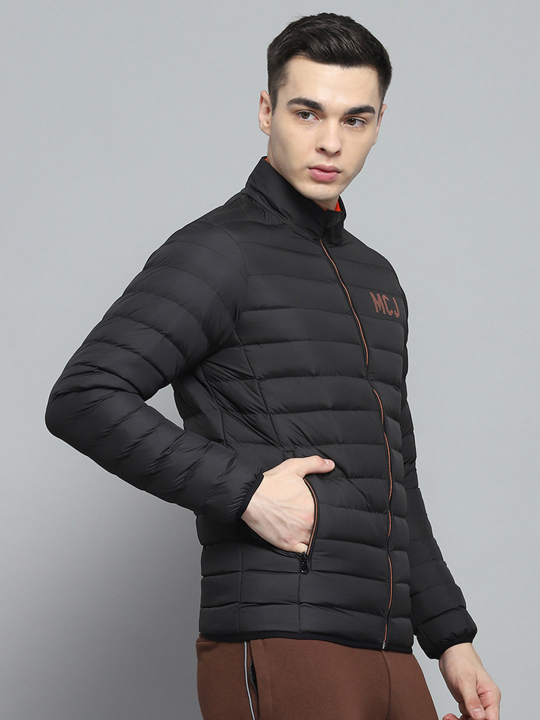 Men Black Solid Mock Neck Full Sleeve Jacket