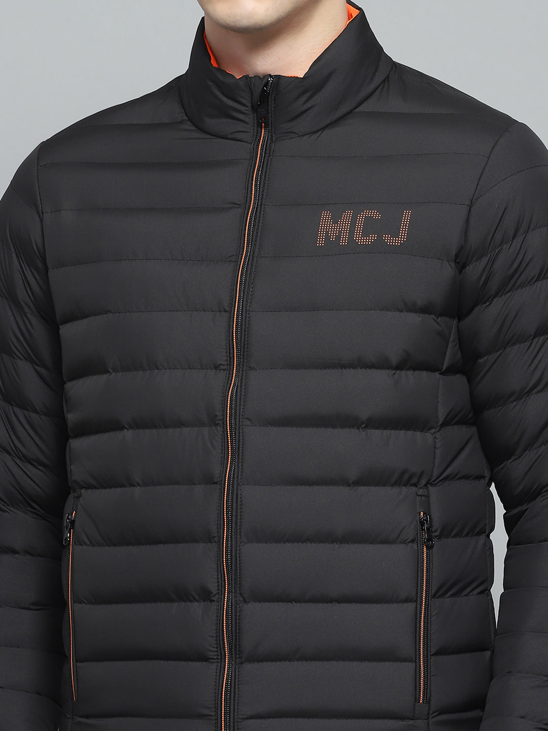 Men Black Solid Mock Neck Full Sleeve Jacket