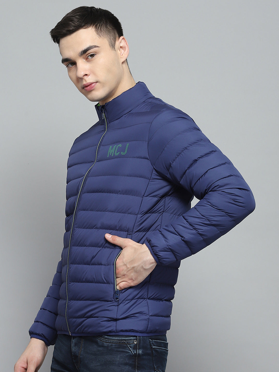 Men Blue Solid Mock Neck Full Sleeve Jacket