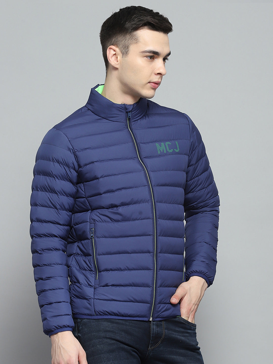 Men Blue Solid Mock Neck Full Sleeve Jacket