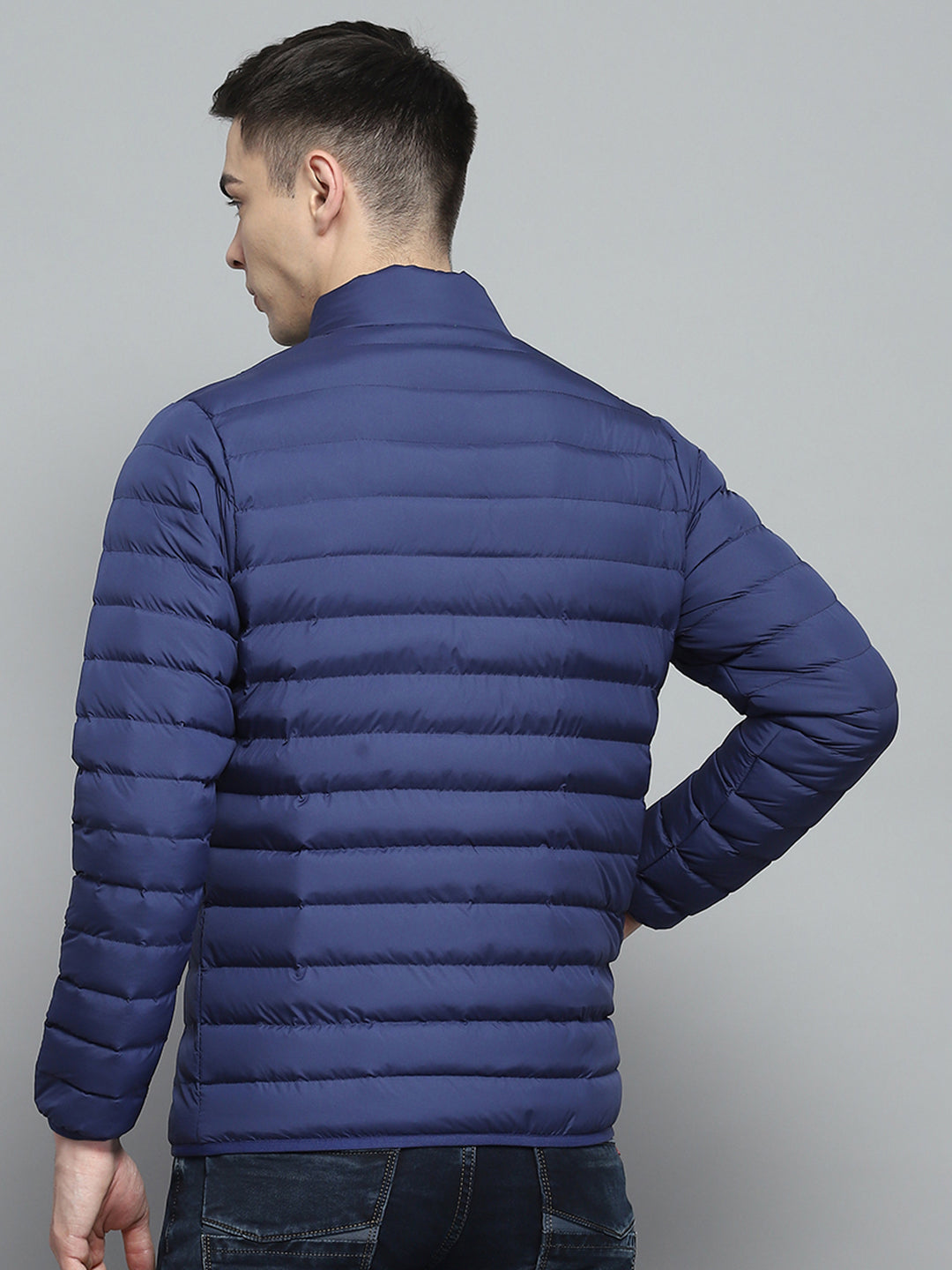 Men Blue Solid Mock Neck Full Sleeve Jacket