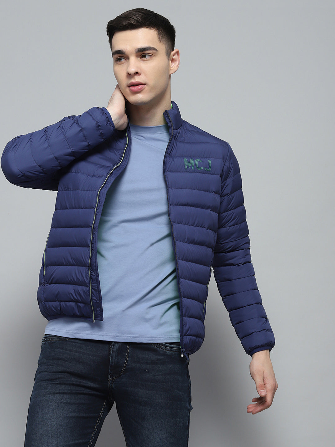 Men Blue Solid Mock Neck Full Sleeve Jacket