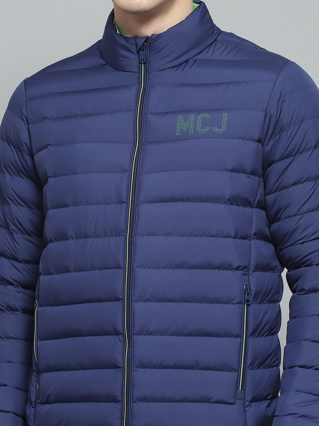 Men Blue Solid Mock Neck Full Sleeve Jacket
