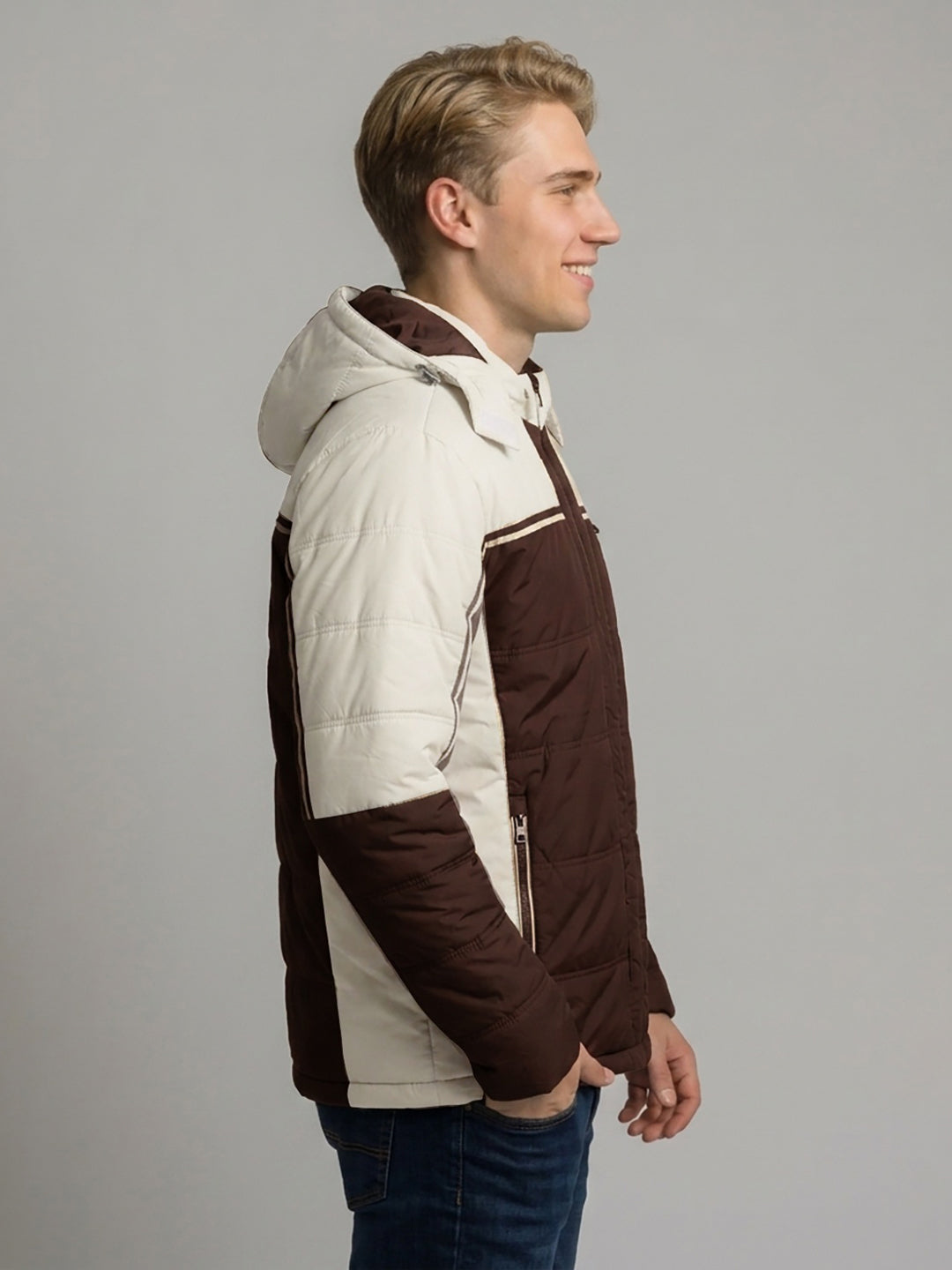 Men Brown Solid Detachable Hood Full Sleeve Puffer Jacket