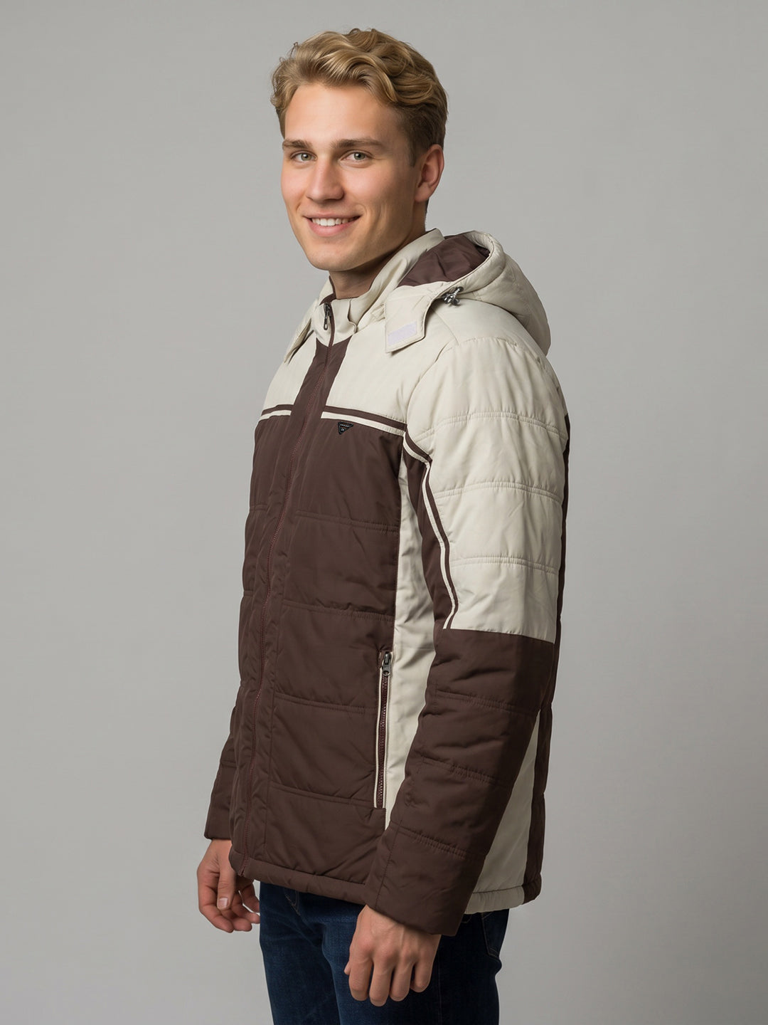 Men Brown Solid Detachable Hood Full Sleeve Puffer Jacket