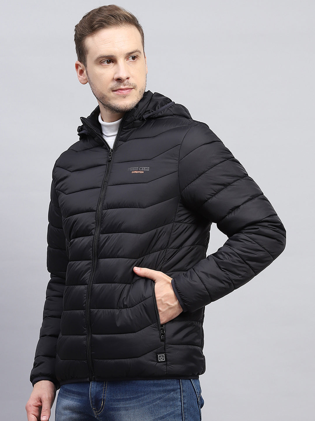 Men Black Solid Hooded Full Sleeve Heating Jacket
