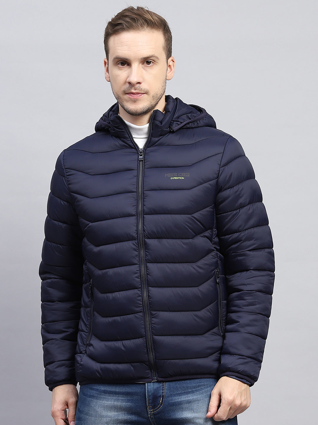 Men Navy Blue Solid Hooded Full Sleeve Jacket - Main Image