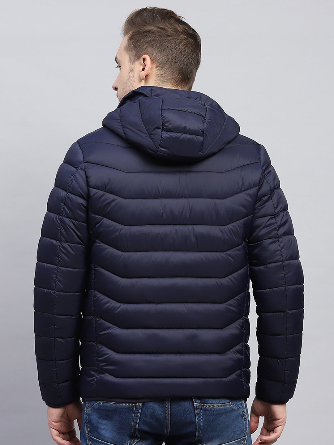 Men Navy Blue Solid Hooded Full Sleeve Heating Jacket