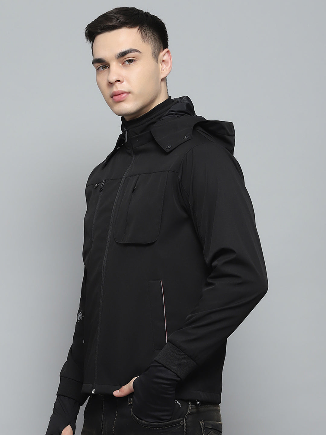 Men Black Solid Detachable Hood Full Sleeve Jacket