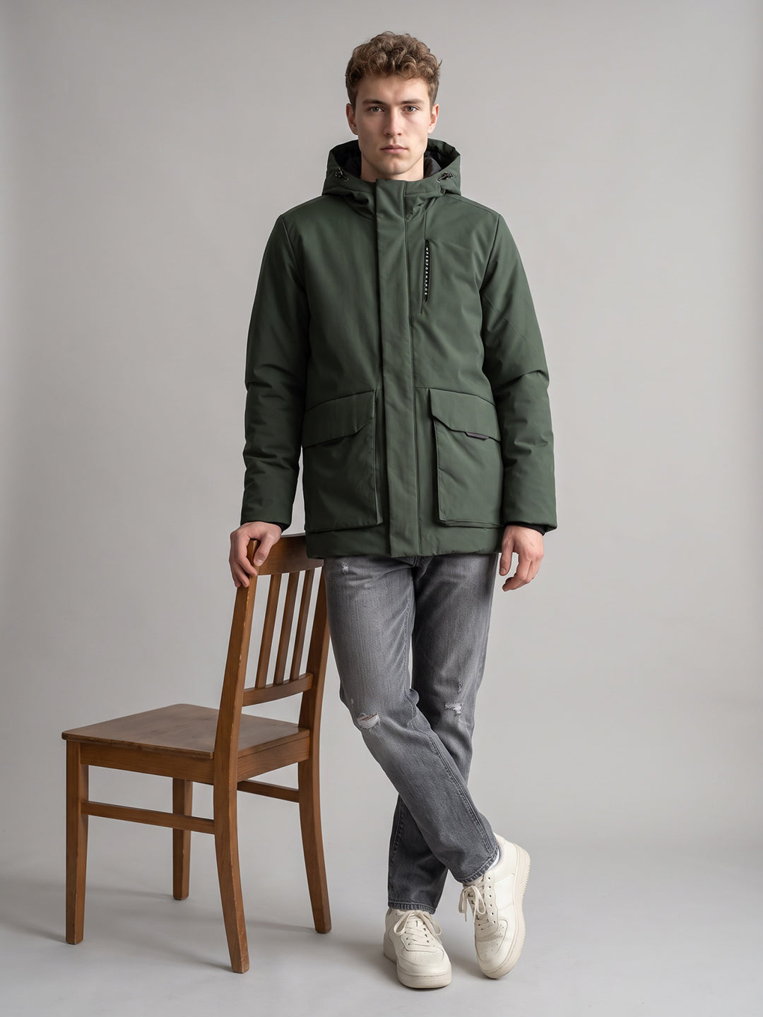 Men Olive Hooded Full Sleeve Jacket with Reversible Half Sleeve Jacket