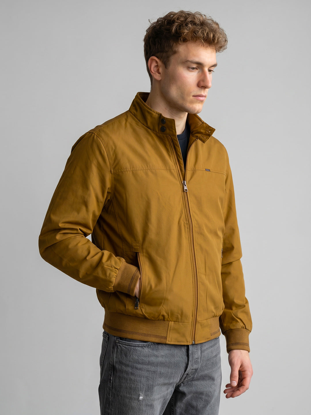 Men Mustard Solid Stand Collar Full Sleeve Bomber Jacket