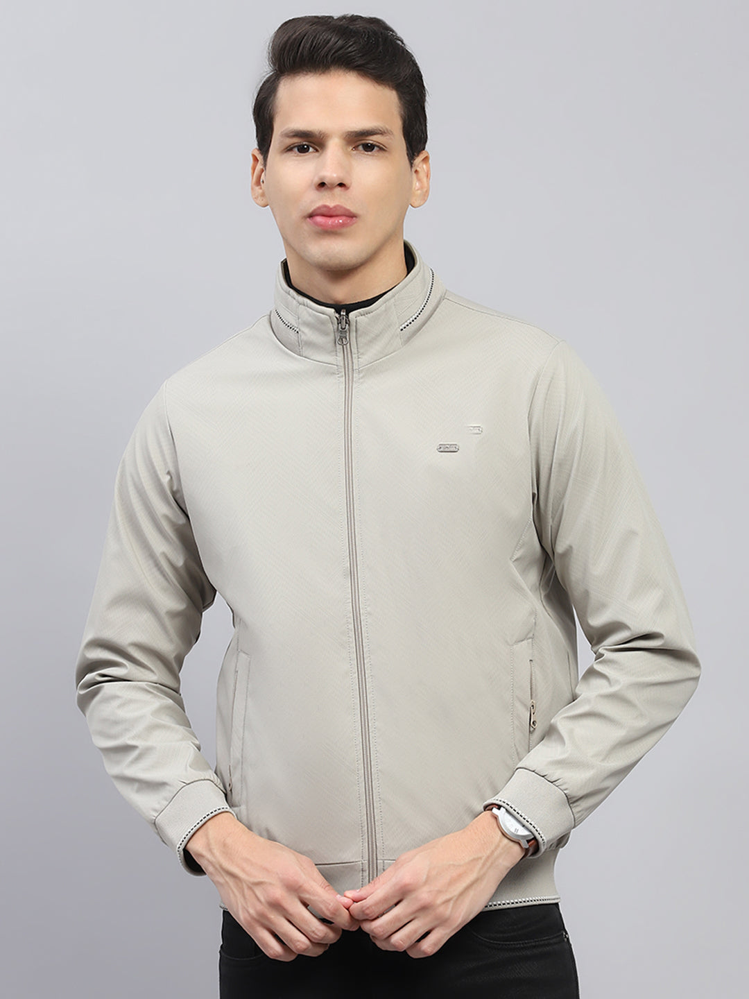 Men Beige Solid Mock Neck Full Sleeve Reversible Jacket