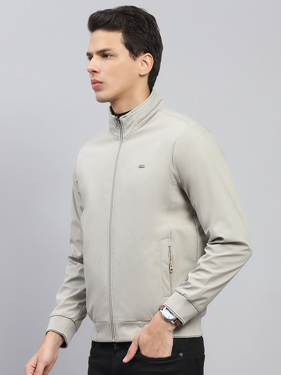 Men Beige Solid Mock Neck Full Sleeve Reversible Jacket