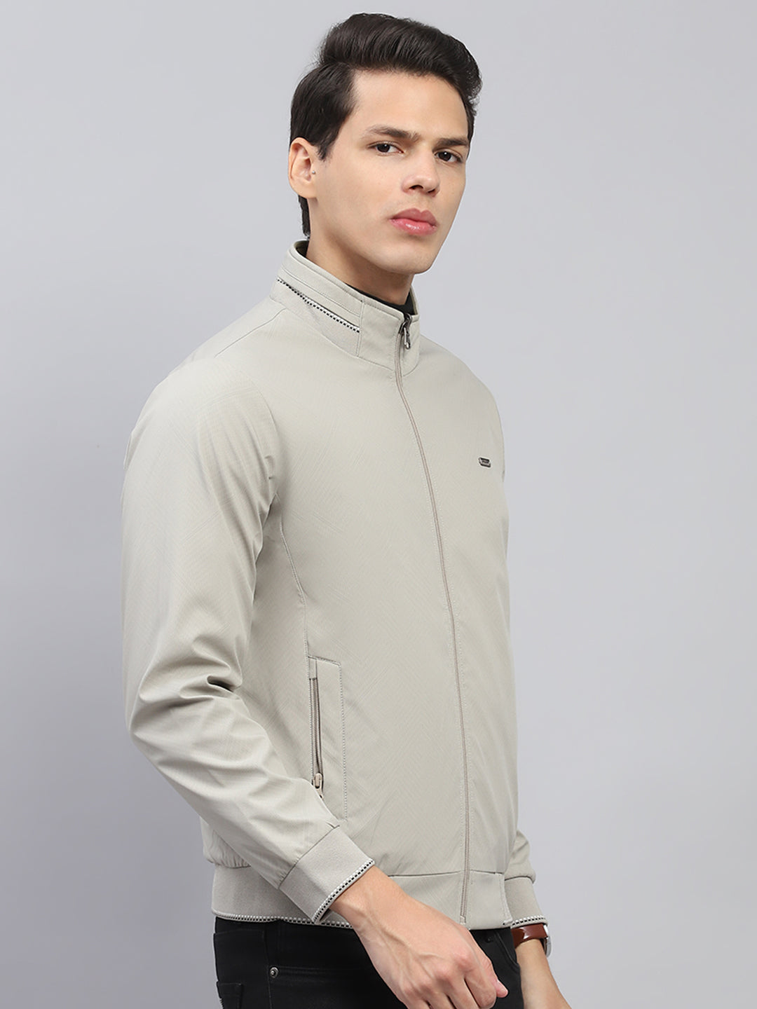 Men Beige Solid Mock Neck Full Sleeve Reversible Jacket