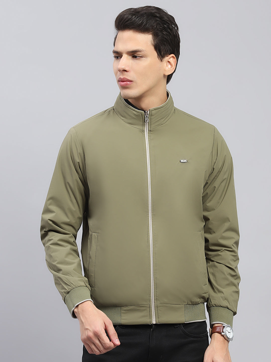 Men Beige Solid Mock Neck Full Sleeve Reversible Jacket