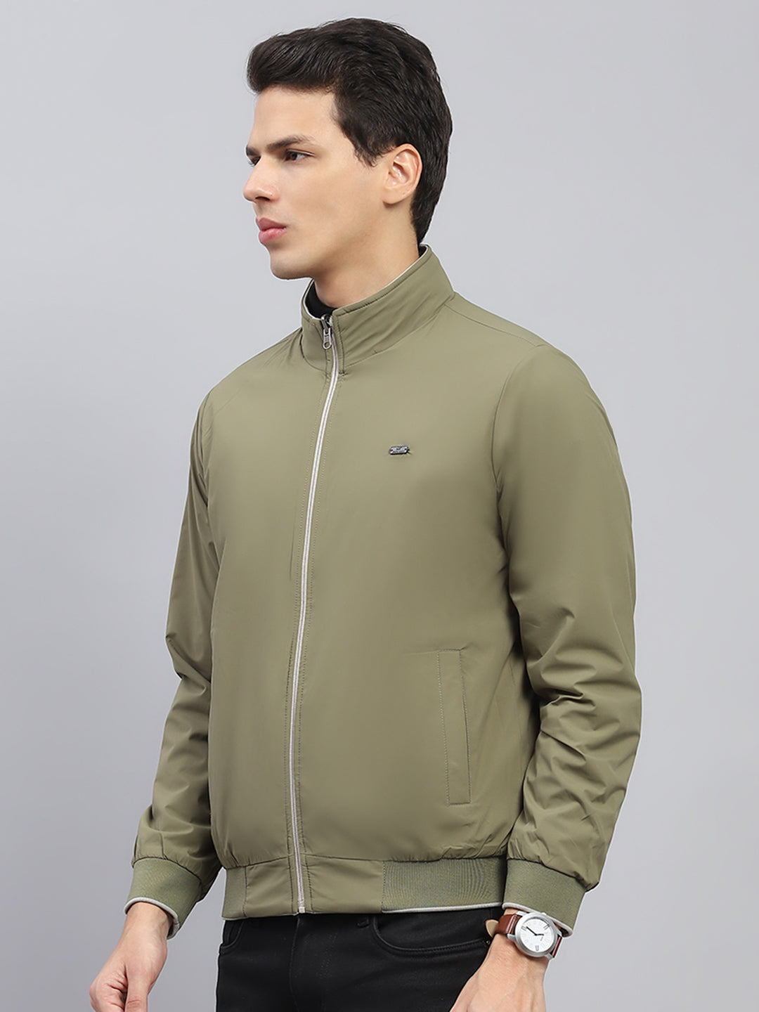 Men Beige Solid Mock Neck Full Sleeve Reversible Jacket