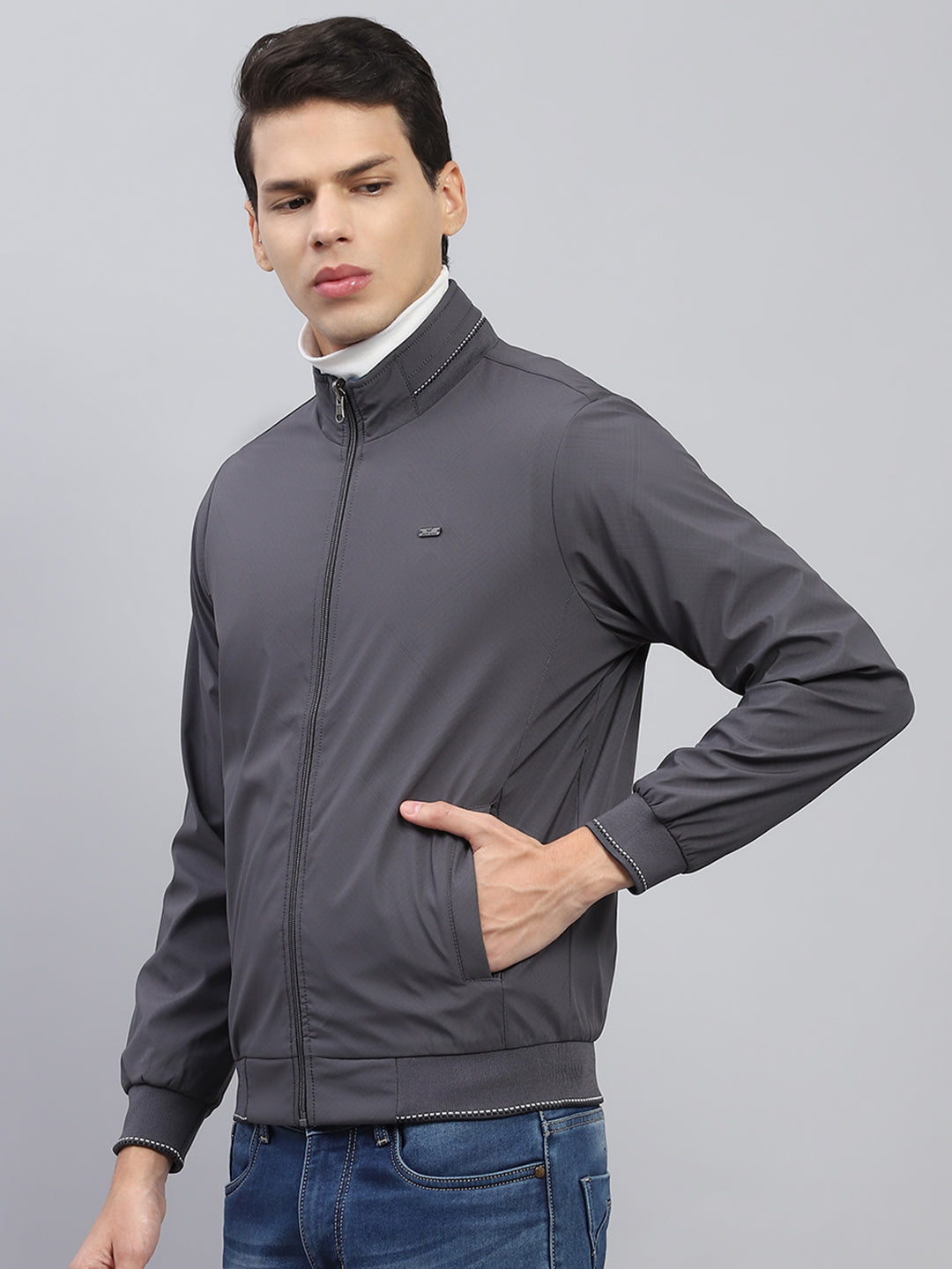 Men Teal Blue & Grey Solid Mock Neck Full Sleeve Reversible Jacket