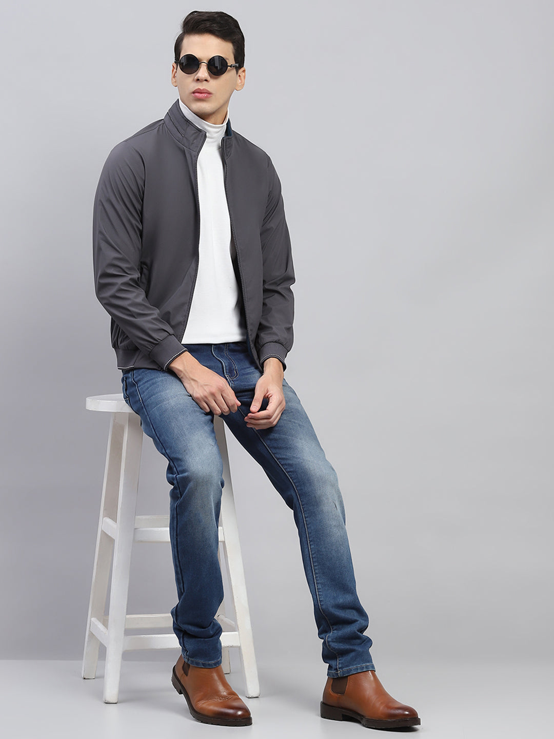 Men Teal Blue & Grey Solid Mock Neck Full Sleeve Reversible Jacket