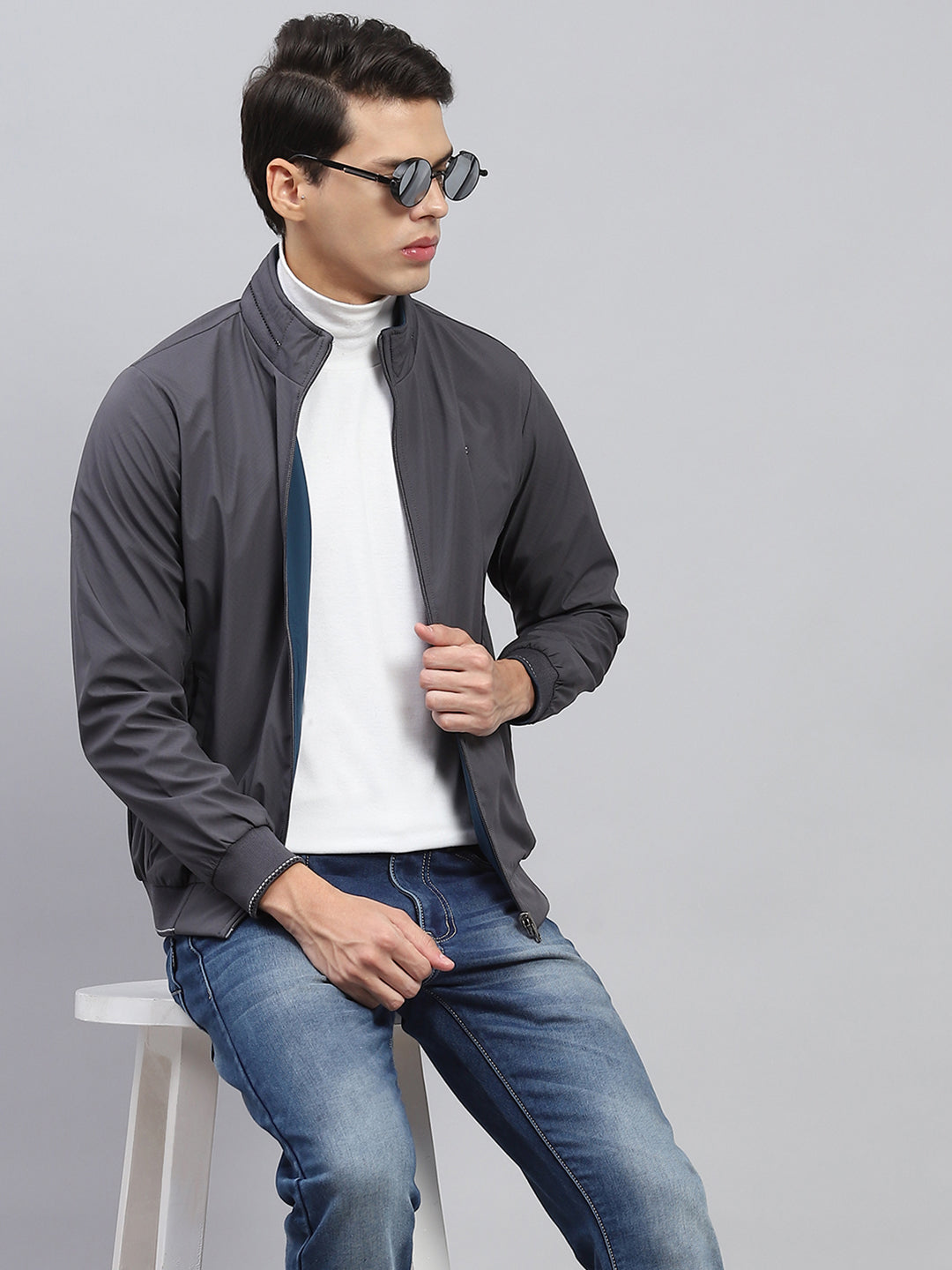 Men Teal Blue & Grey Solid Mock Neck Full Sleeve Reversible Jacket