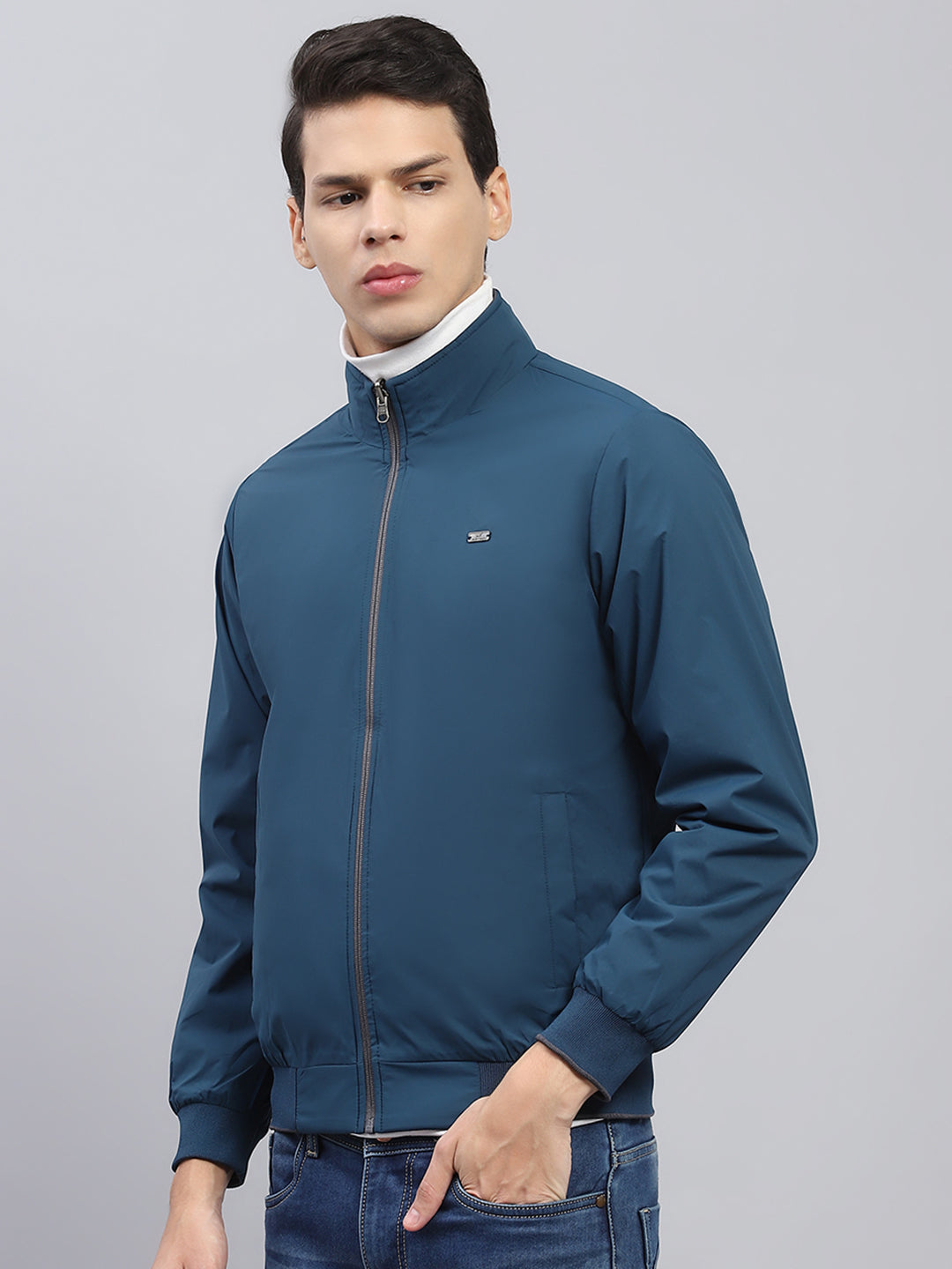 Men Teal Blue & Grey Solid Mock Neck Full Sleeve Reversible Jacket