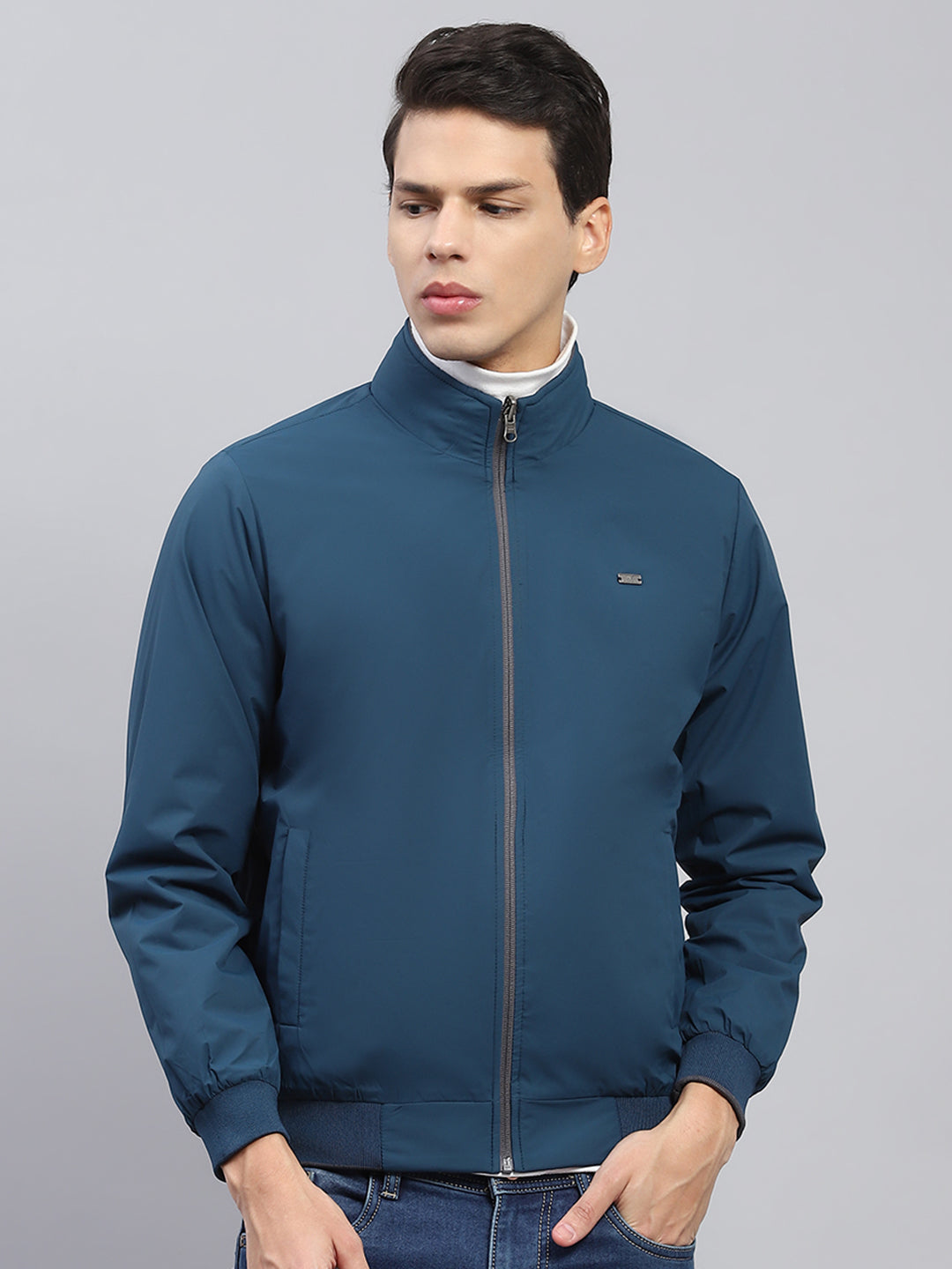 Men Teal Blue & Grey Solid Mock Neck Full Sleeve Reversible Jacket