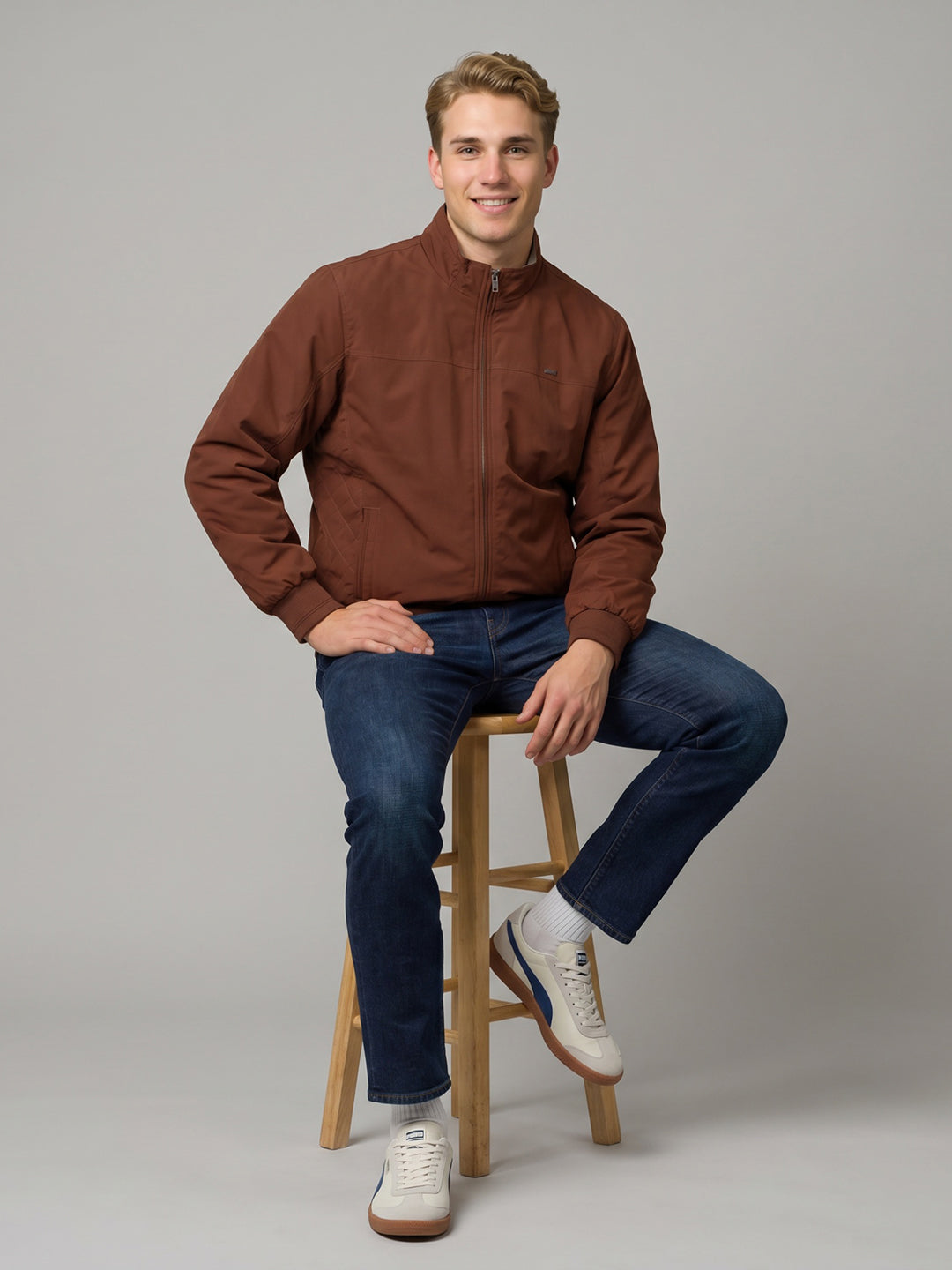 Men Rust Solid Stand Collar Full Sleeve Reversible Bomber Jacket