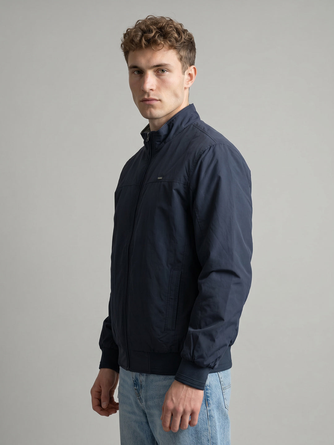 Men Navy Blue Solid Stand Collar Full Sleeve Reversible Bomber Jacket
