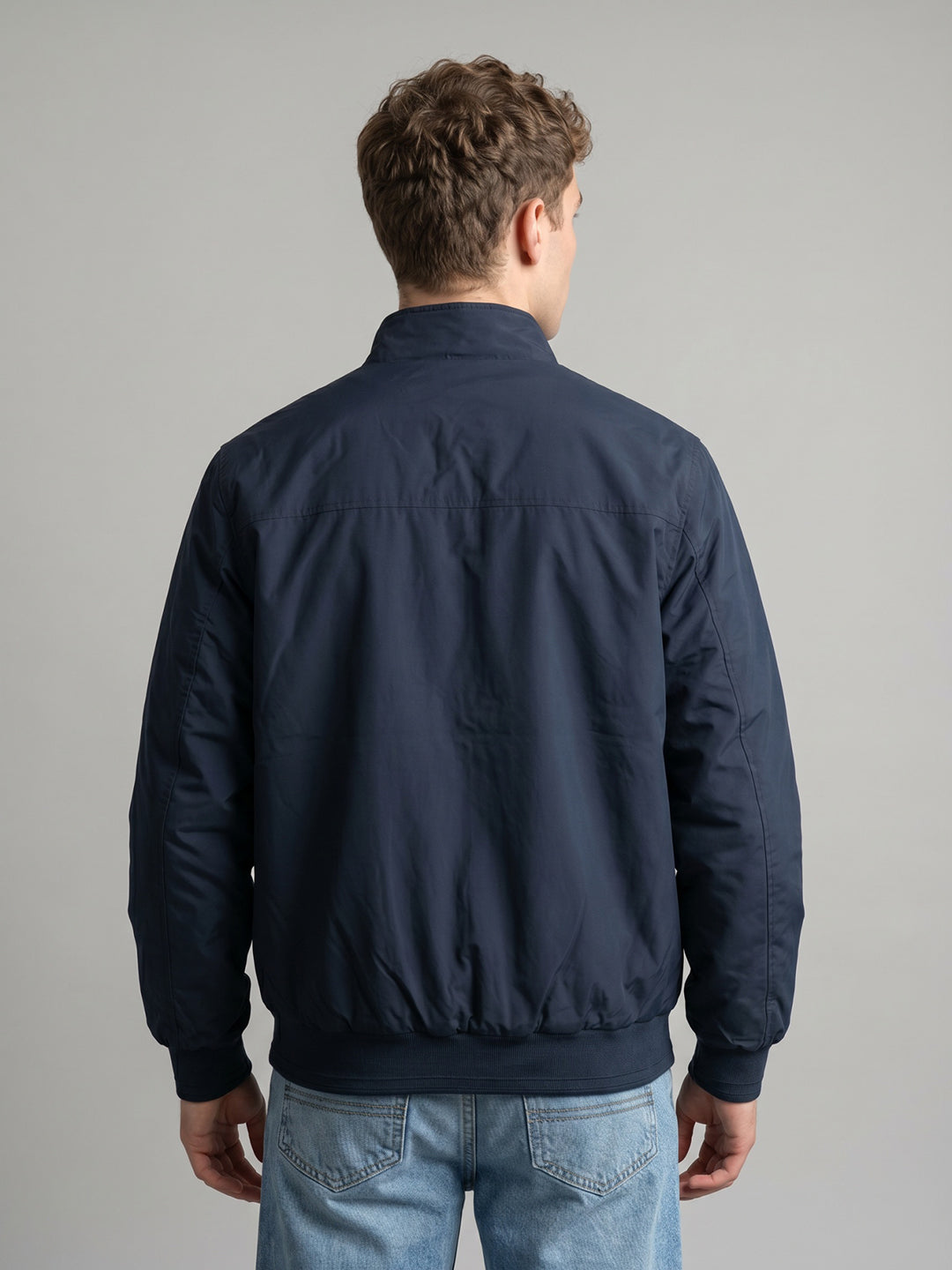 Men Navy Blue Solid Stand Collar Full Sleeve Reversible Bomber Jacket