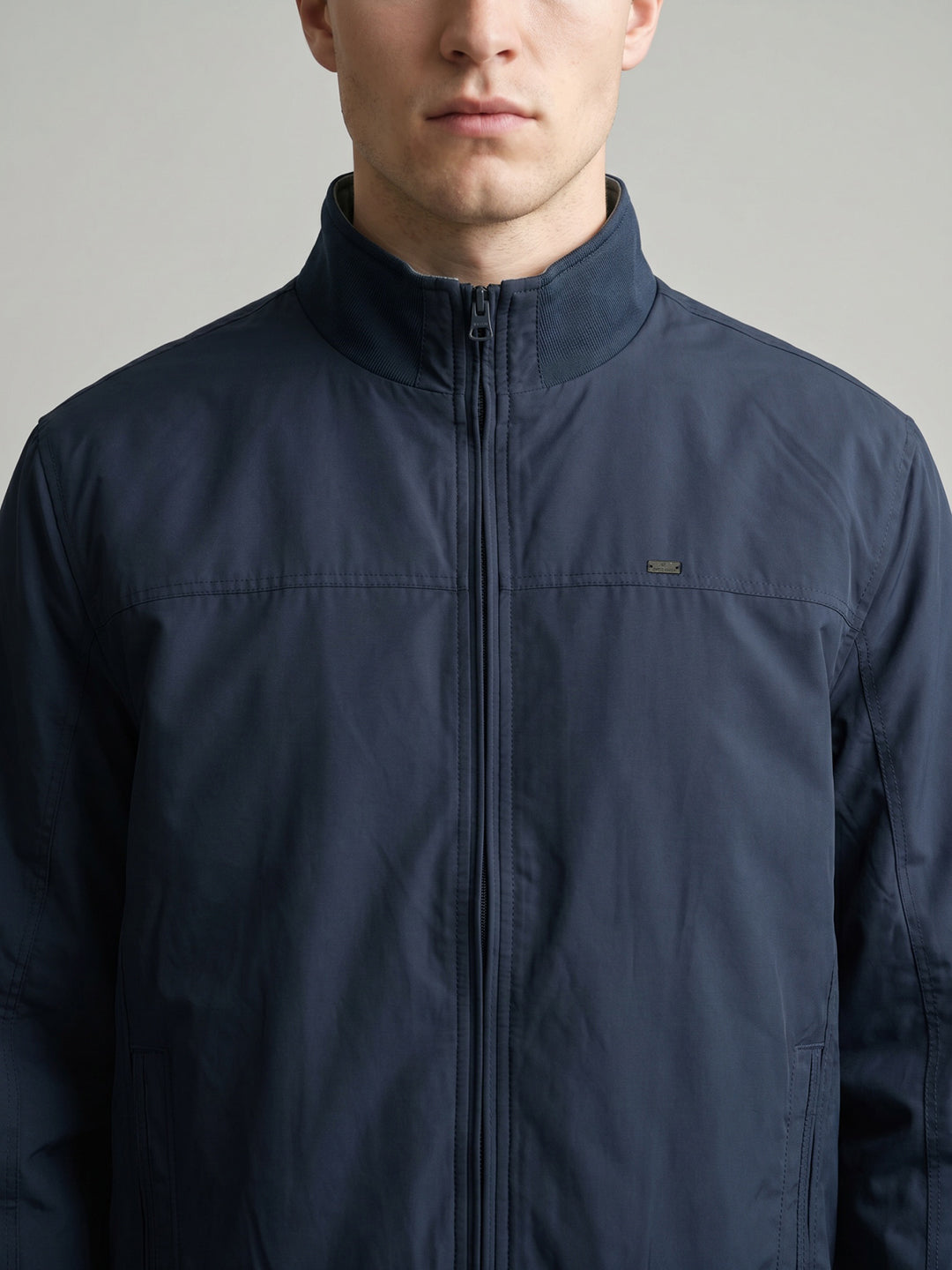 Men Navy Blue Solid Stand Collar Full Sleeve Reversible Bomber Jacket