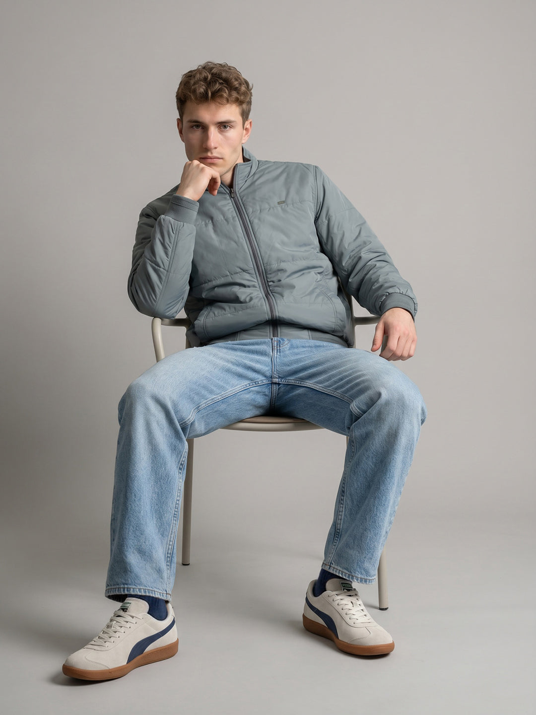 Men Navy Blue Solid Stand Collar Full Sleeve Reversible Bomber Jacket