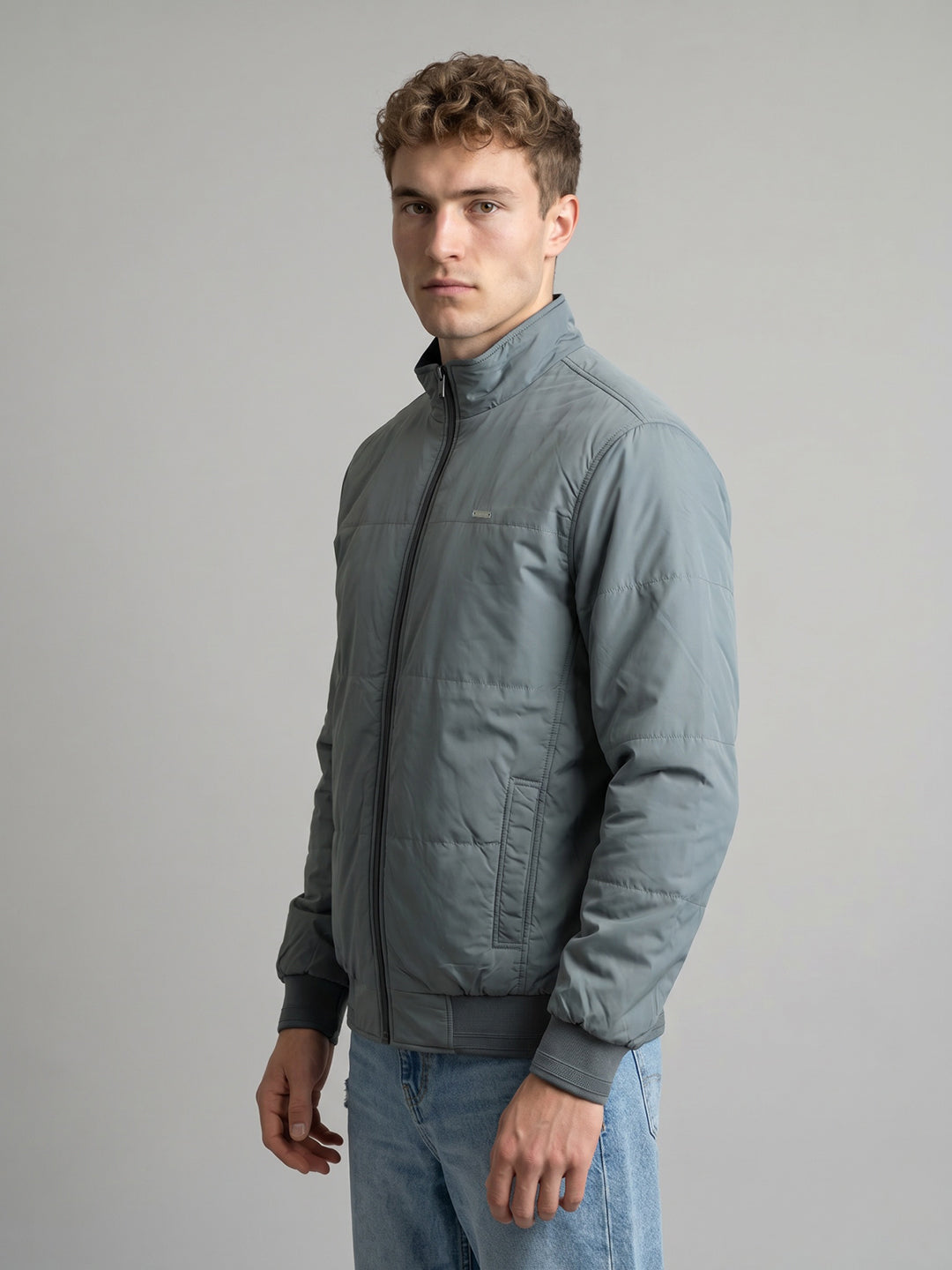 Men Navy Blue Solid Stand Collar Full Sleeve Reversible Bomber Jacket