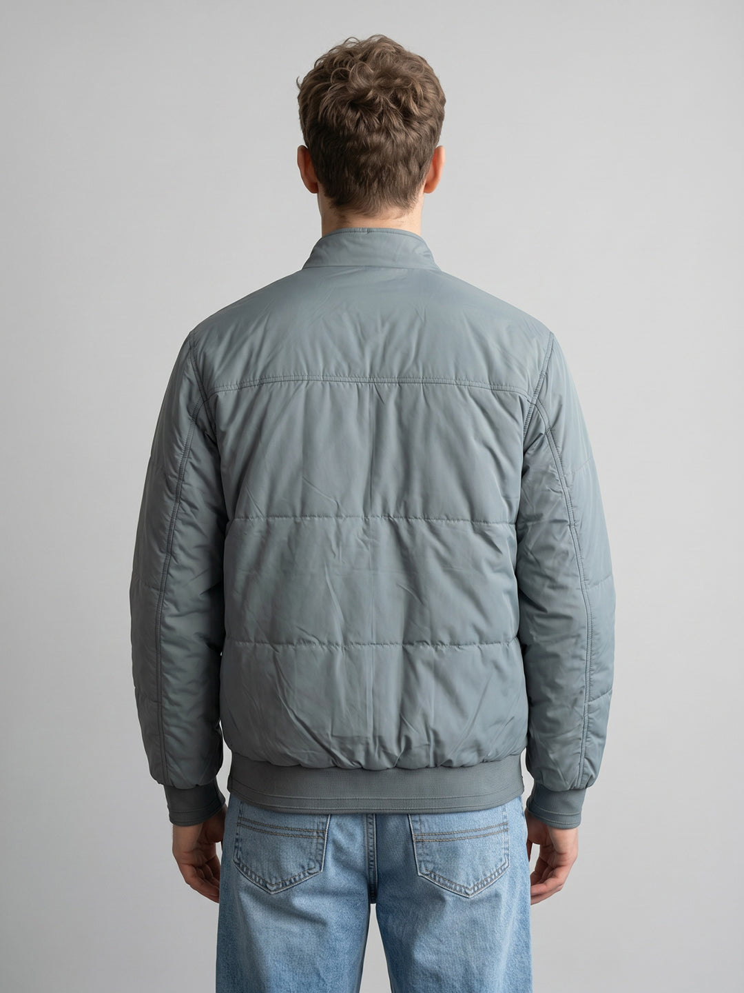Men Navy Blue Solid Stand Collar Full Sleeve Reversible Bomber Jacket