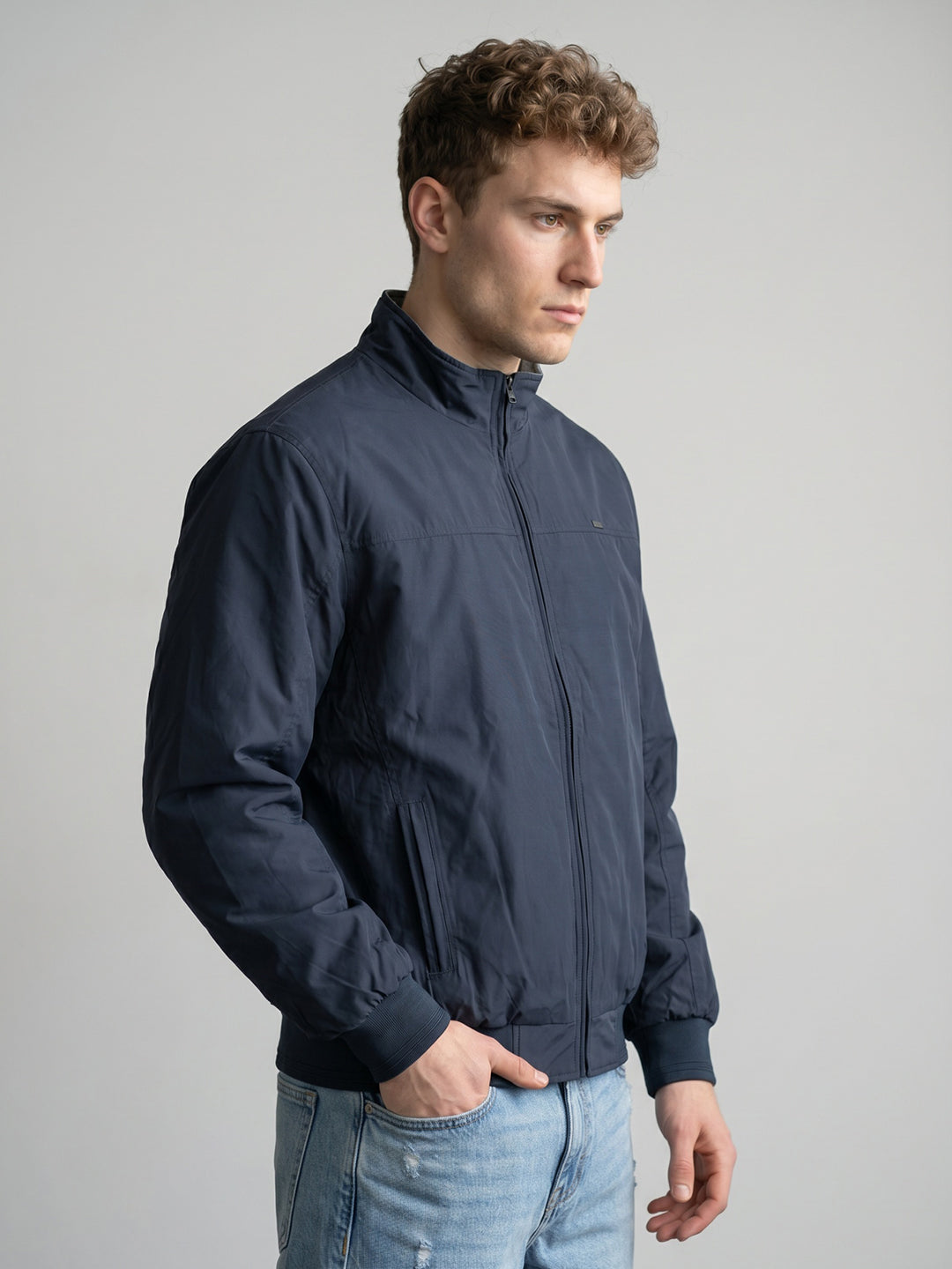 Men Navy Blue Solid Stand Collar Full Sleeve Reversible Bomber Jacket