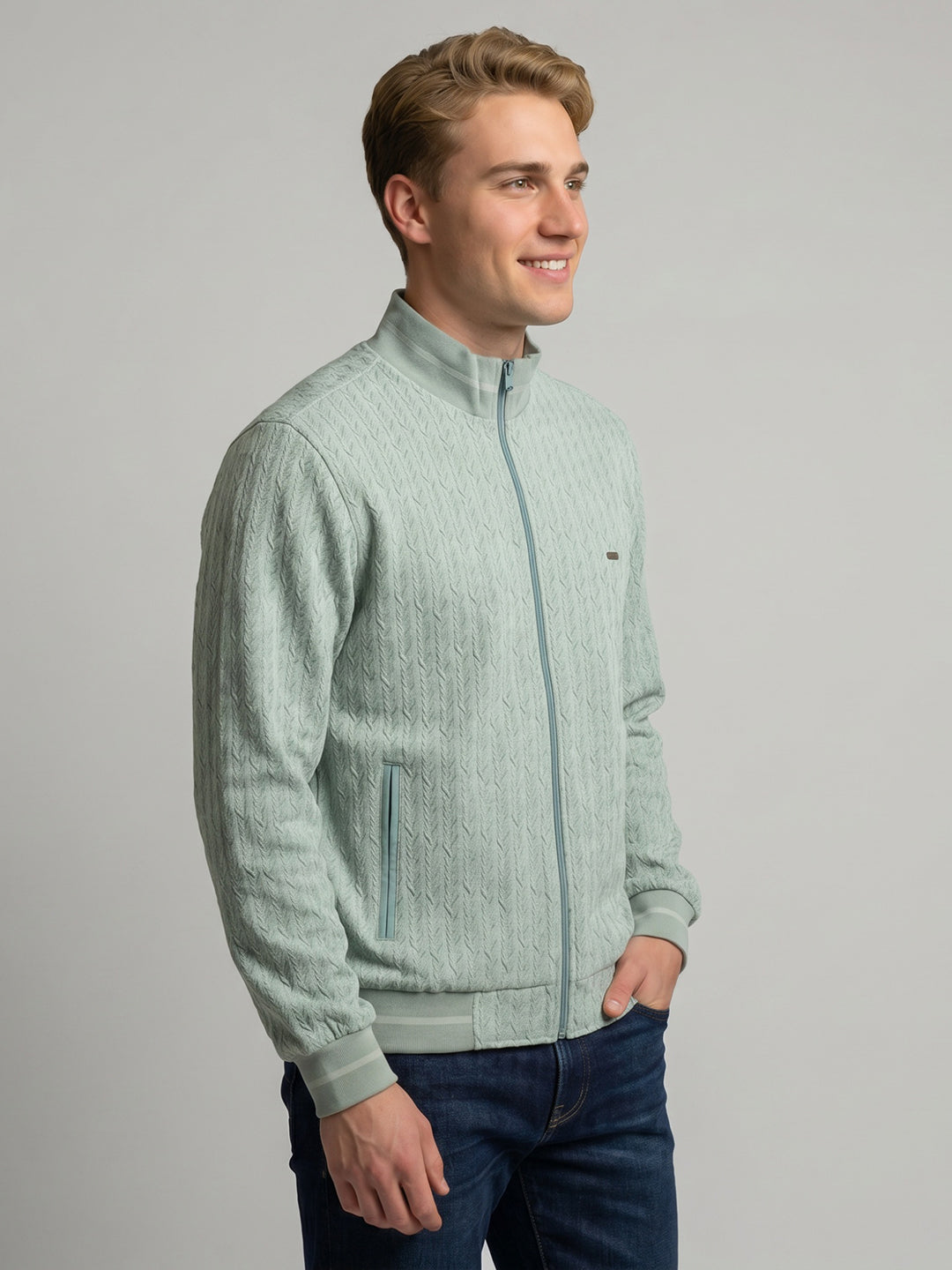 Men Green Solid Turtle Neck Full Sleeve Reversible Jacket