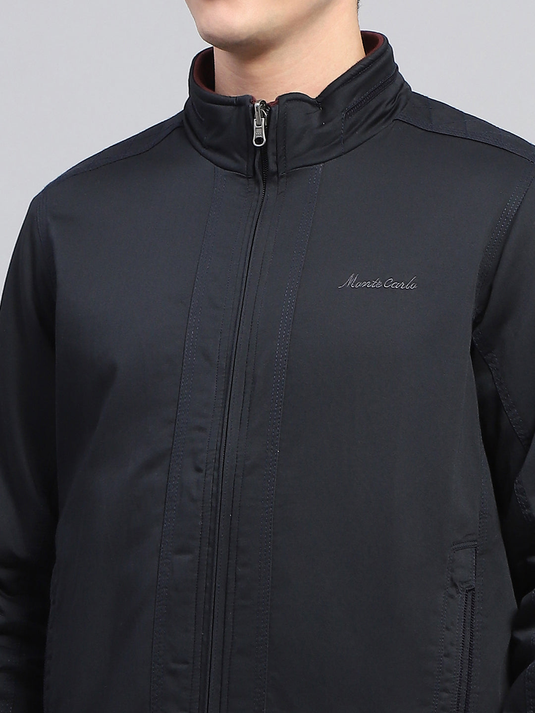 Men Navy Blue Solid Mock Neck Full Sleeve Reversible Jacket