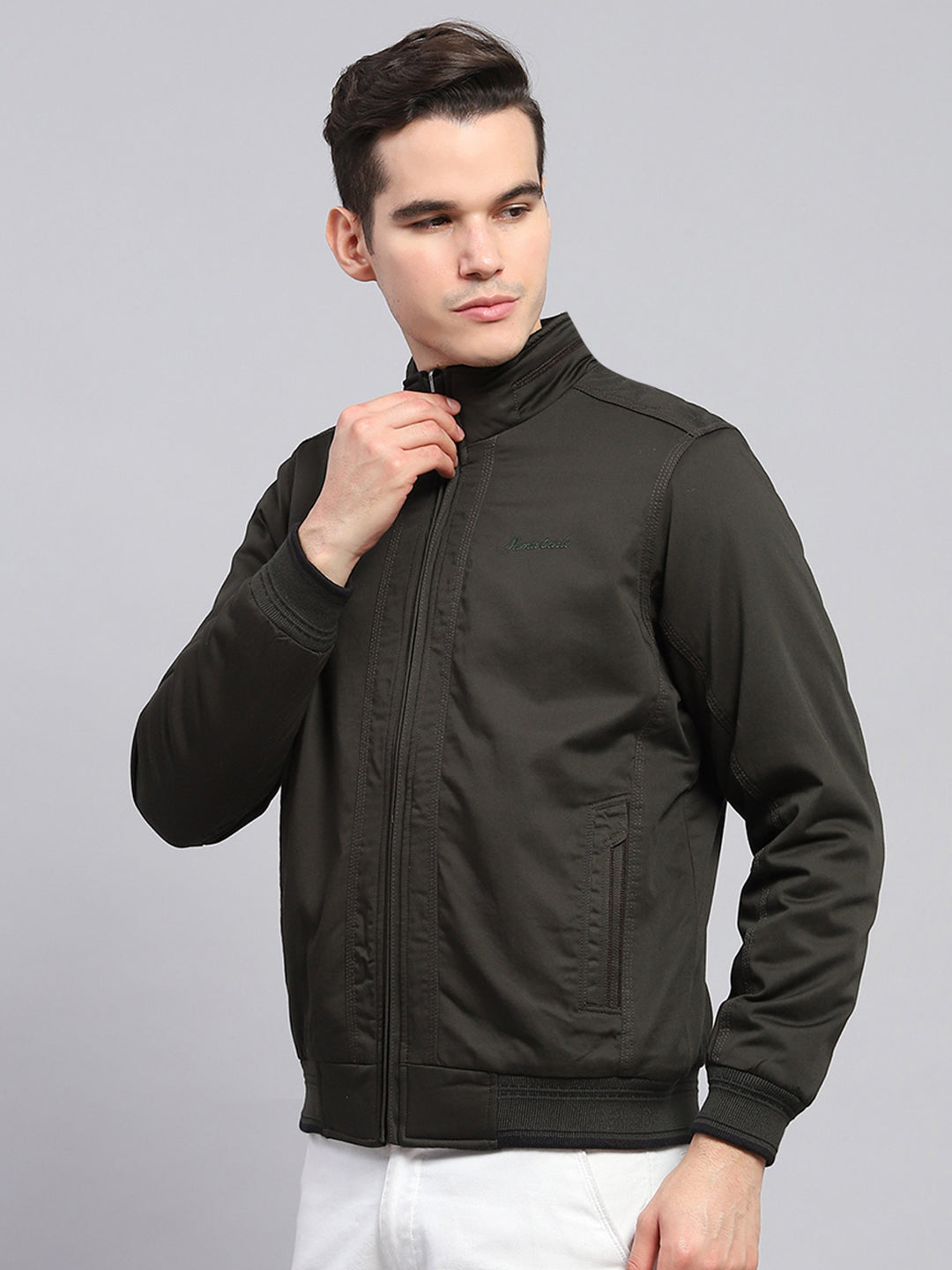 Men Olive Solid Mock Neck Full Sleeve Reversible Jacket