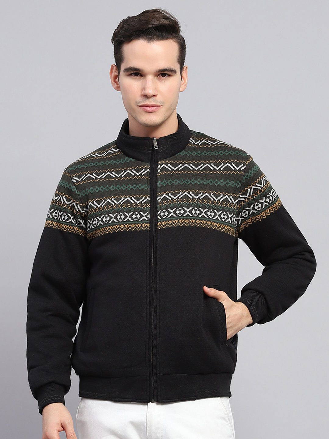 Men Olive Solid Mock Neck Full Sleeve Reversible Jacket