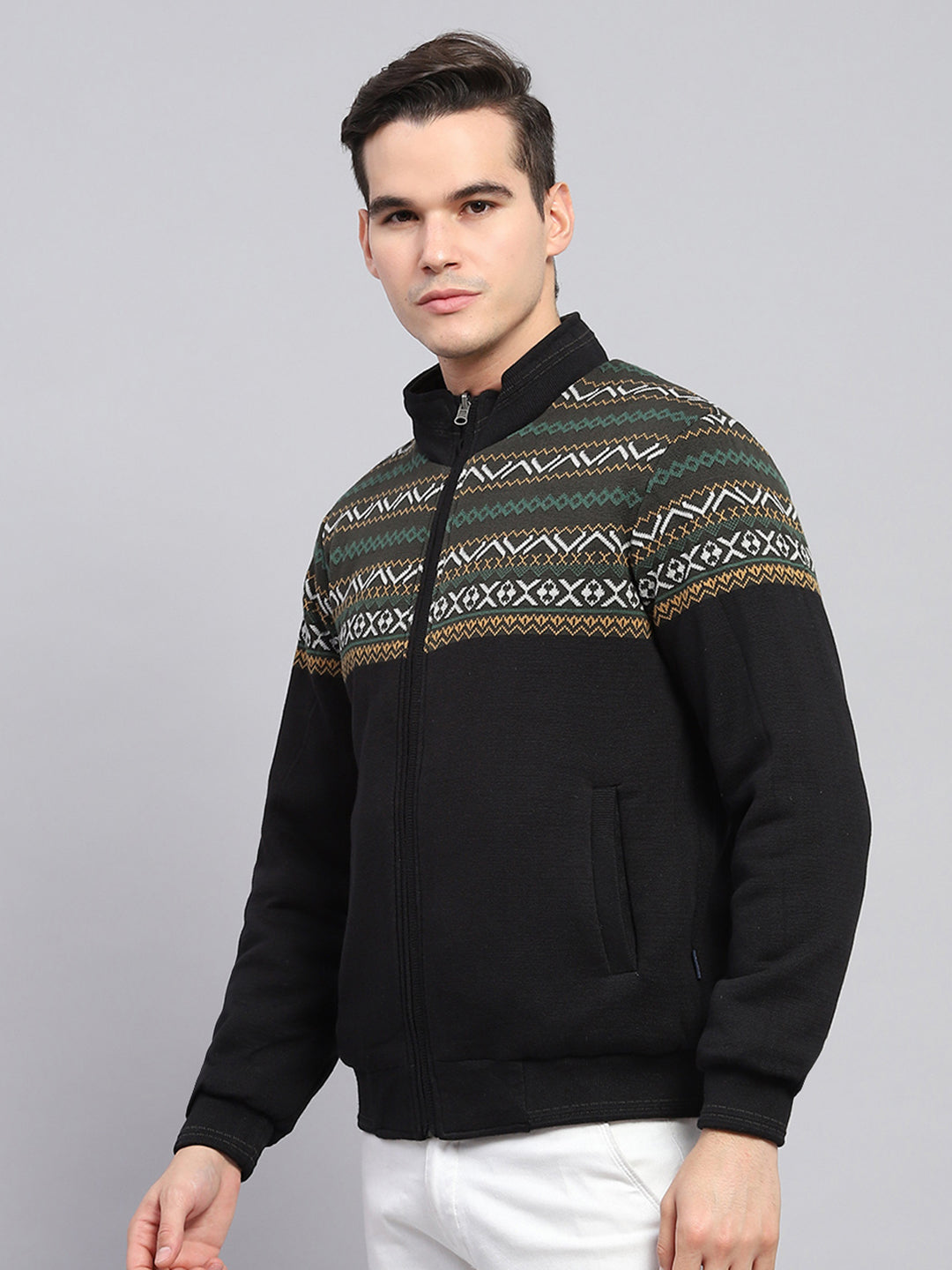 Men Olive Solid Mock Neck Full Sleeve Reversible Jacket