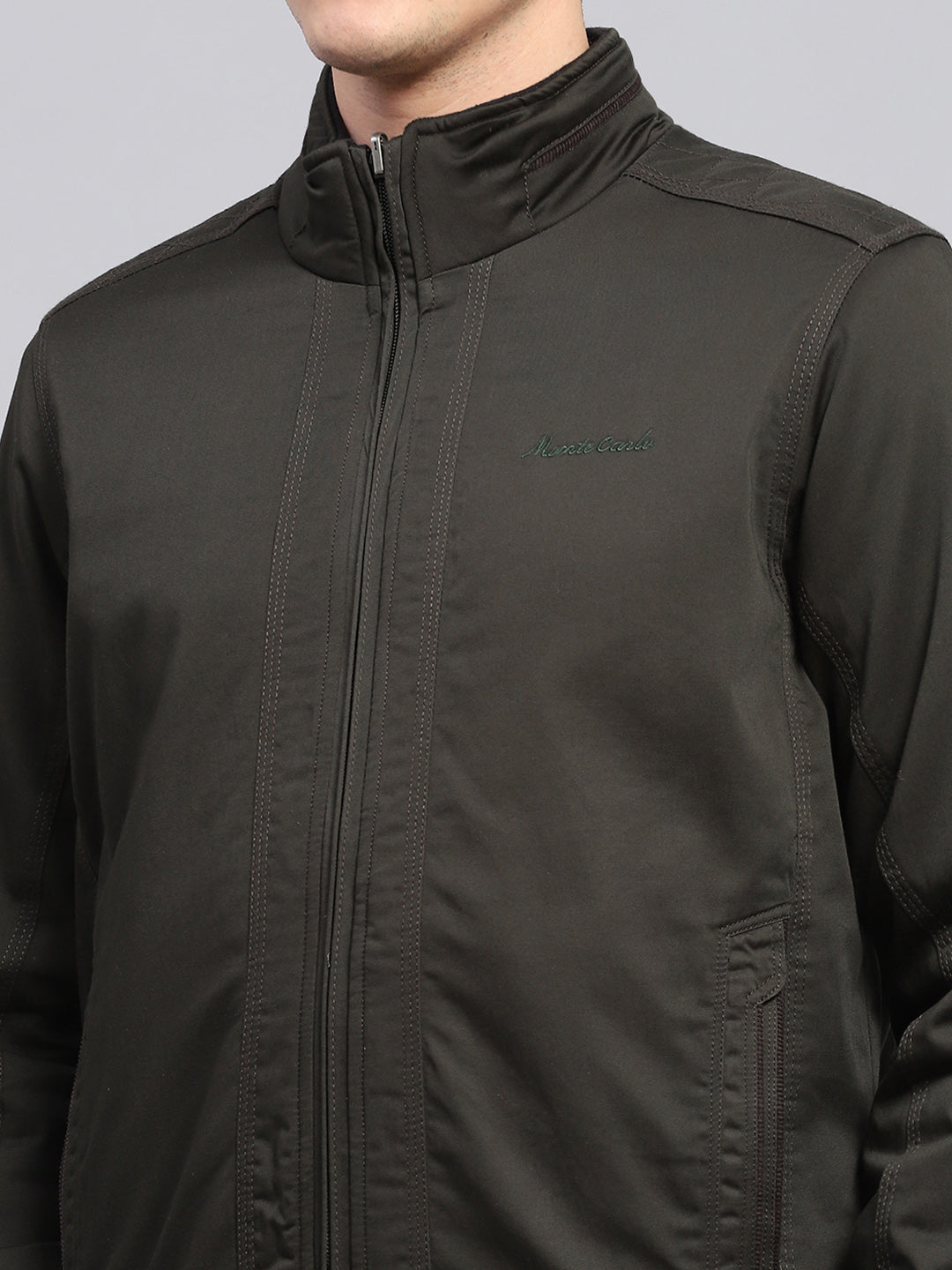 Men Olive Solid Mock Neck Full Sleeve Reversible Jacket