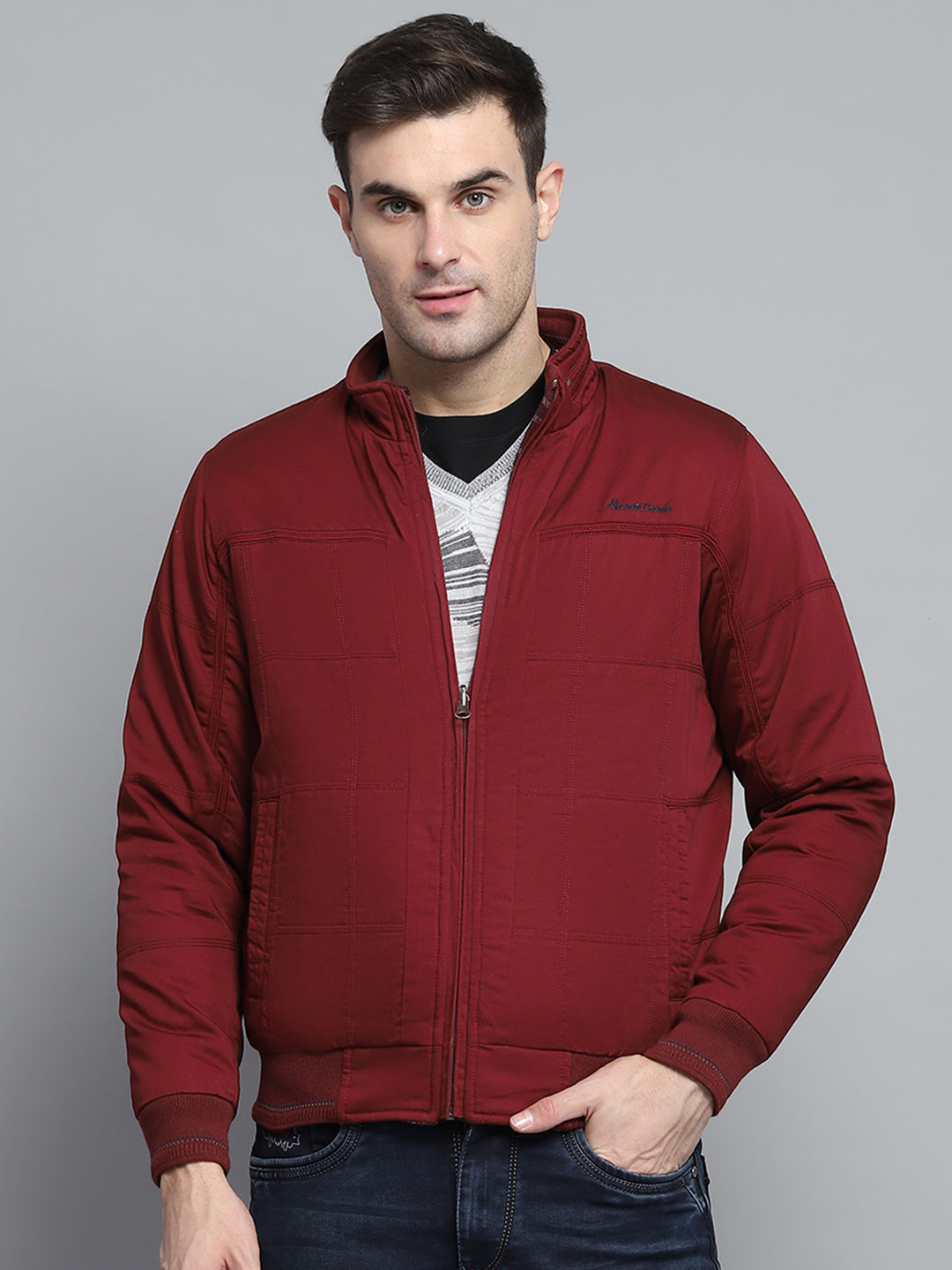 Men's Typography Maroon Mock Collar Zipper Jacket
