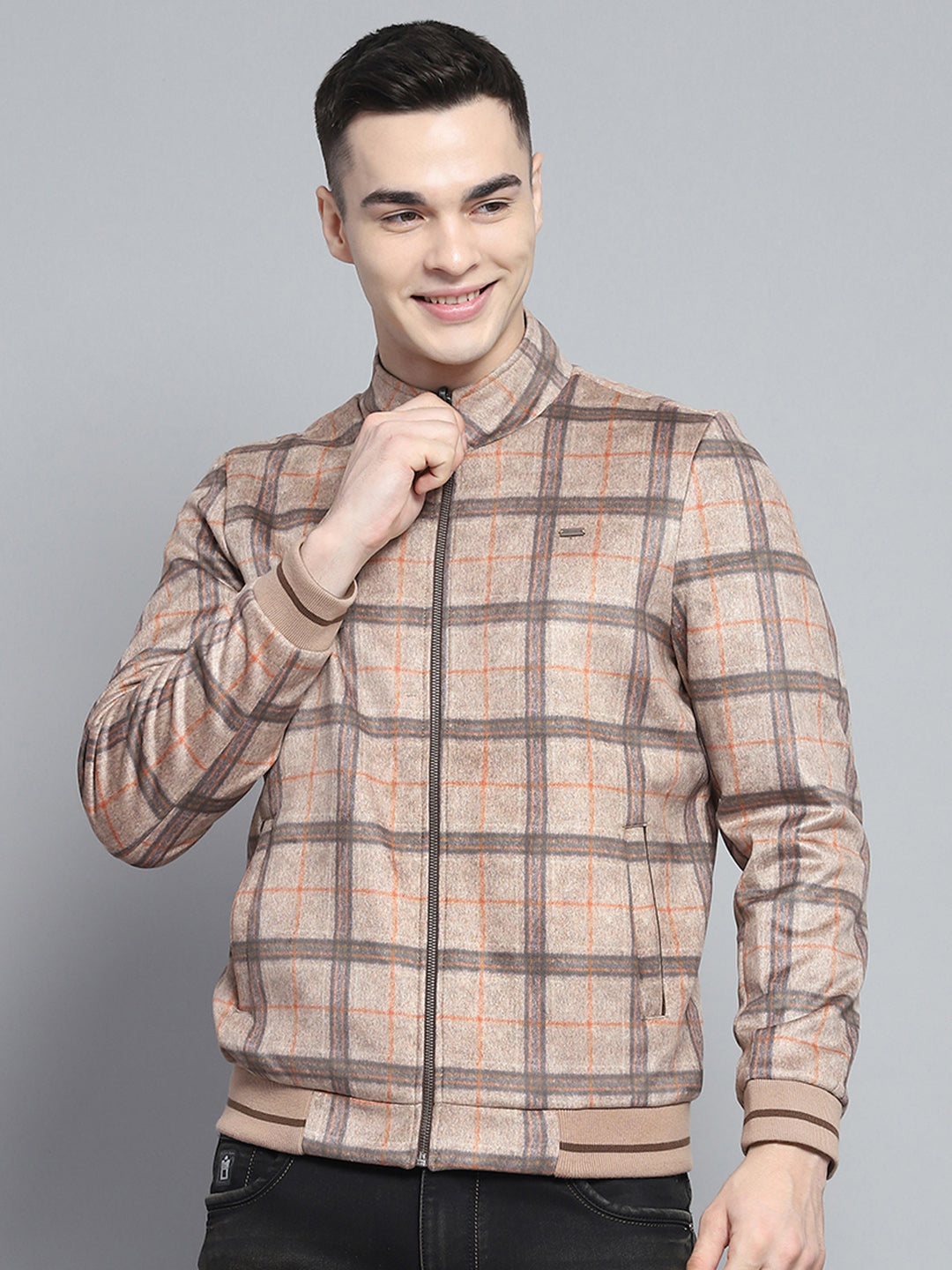 Men Khaki Solid Mock Neck Full Sleeve Reversible Jacket