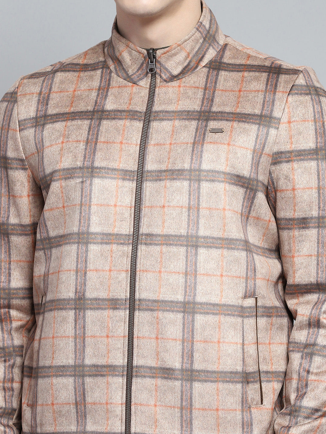 Men Khaki Solid Mock Neck Full Sleeve Reversible Jacket